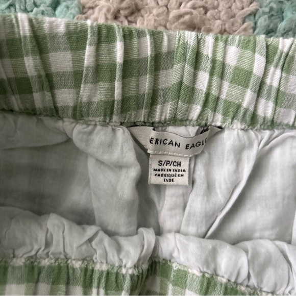 American Eagle Women SET Crop Top Pants Shirt Ruffle Gingham Green White Tie - Picture 7 of 13
